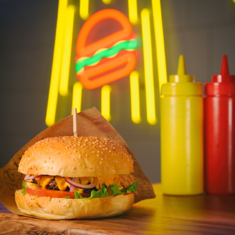 neon hamburger fast food cuisine 