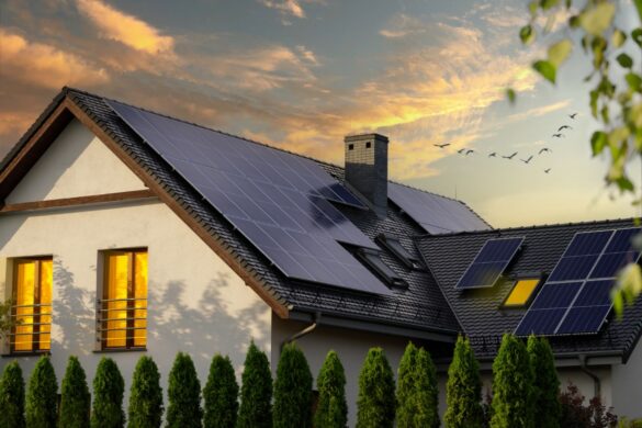 maison avec une grande surface de panneau solaire sur le toit